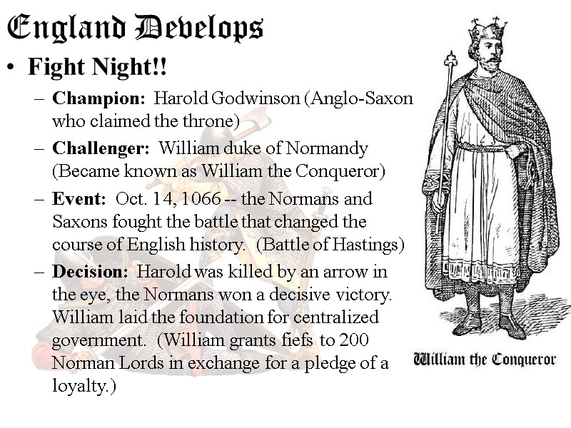 England Develops Fight Night!! Champion:  Harold Godwinson (Anglo-Saxon who claimed the throne) Challenger: